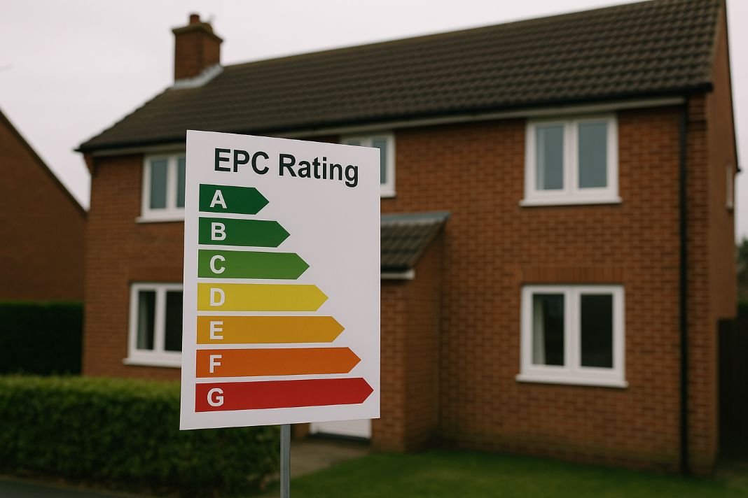 a photo of a residential street with an EPC rating board outside - Landlord Building Certificates London