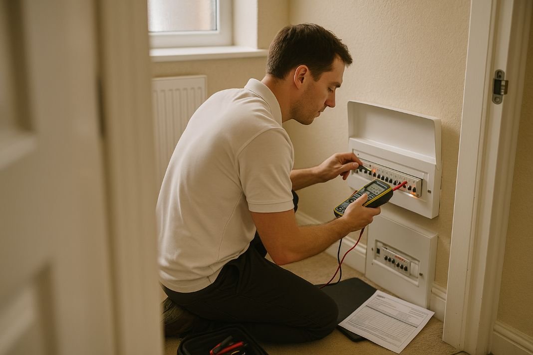 An ai photo of an electrical engineer conducting an EICR check An ai photo of an electrical engineer conducting an EICR check