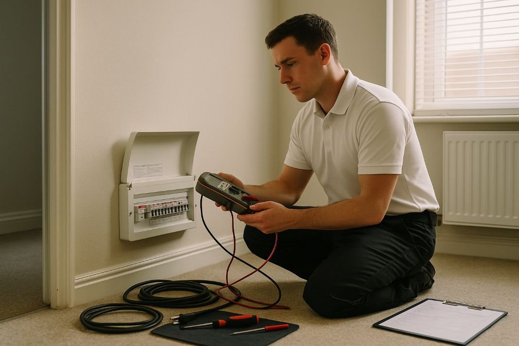 An ai photo of an electrical engineer conducting an EICR inspection An ai photo of an electrical engineer conducting an EICR inspection