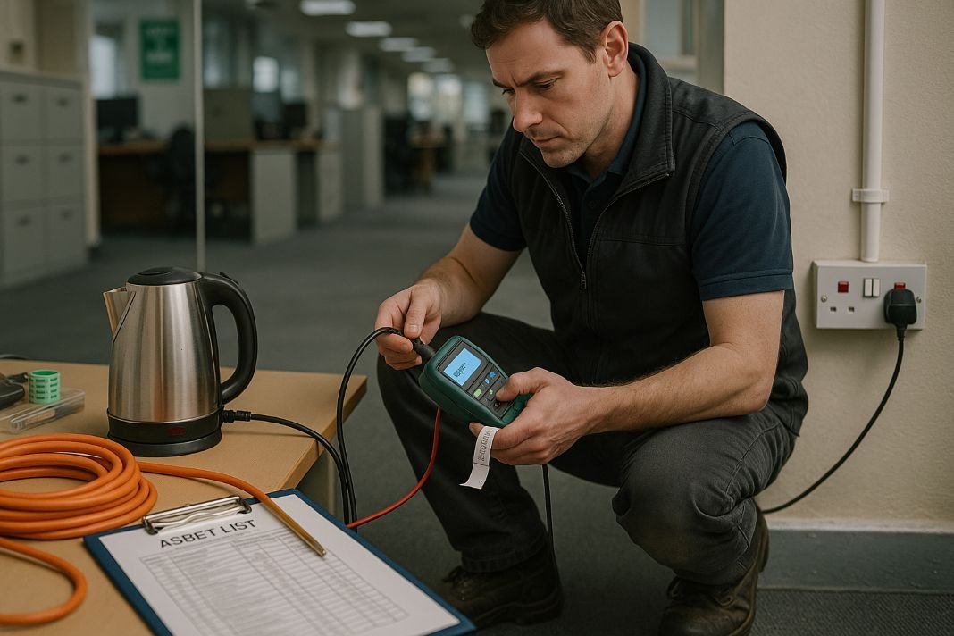 An ai photo of a pat tester testing electrical items in an office