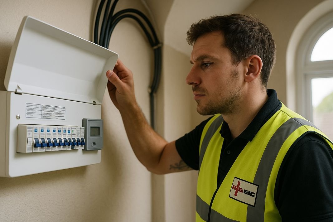 an ai photo of an electrician doing an EICR in London