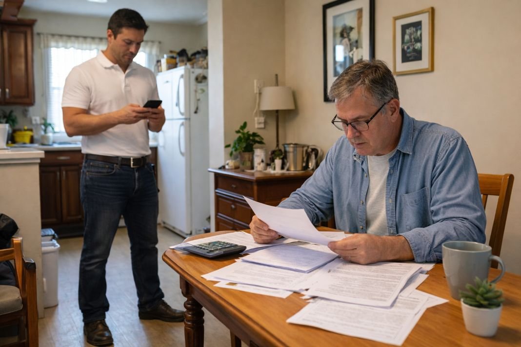 1 an ai photo of a landlord sitting at a dining table looking at paperwork while a tradesperson in work boots stands nearby checking a phone, 1 an ai photo of a landlord sitting at a dining table looking at paperwork while a tradesperson in work boots stands nearby checking a phone,