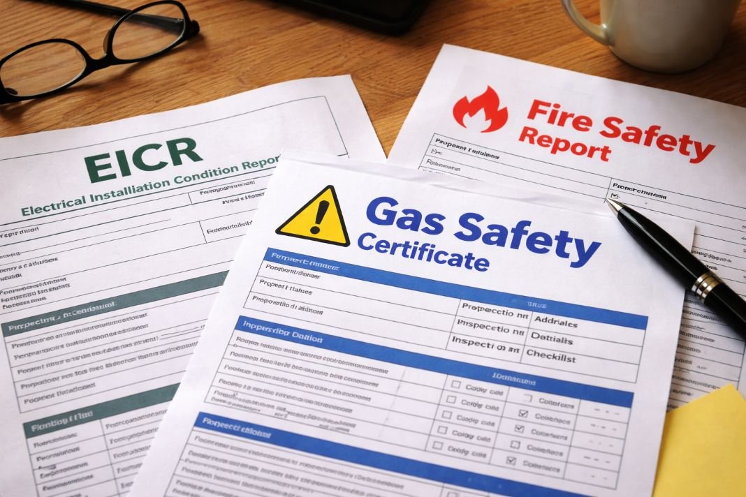 1. an ai photo of overlapping safety documents labelled EICR, Gas Safety, and Fire Safety laid out untidily on a table an ai photo of overlapping safety documents labelled EICR, Gas Safety, and Fire Safety laid out untidily on a table