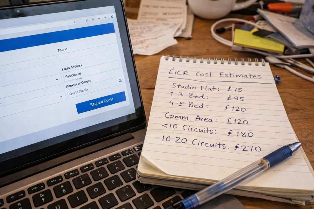 2. a photo of a notepad with rough EICR cost estimates written in pen next to a laptop showing a booking or quote page