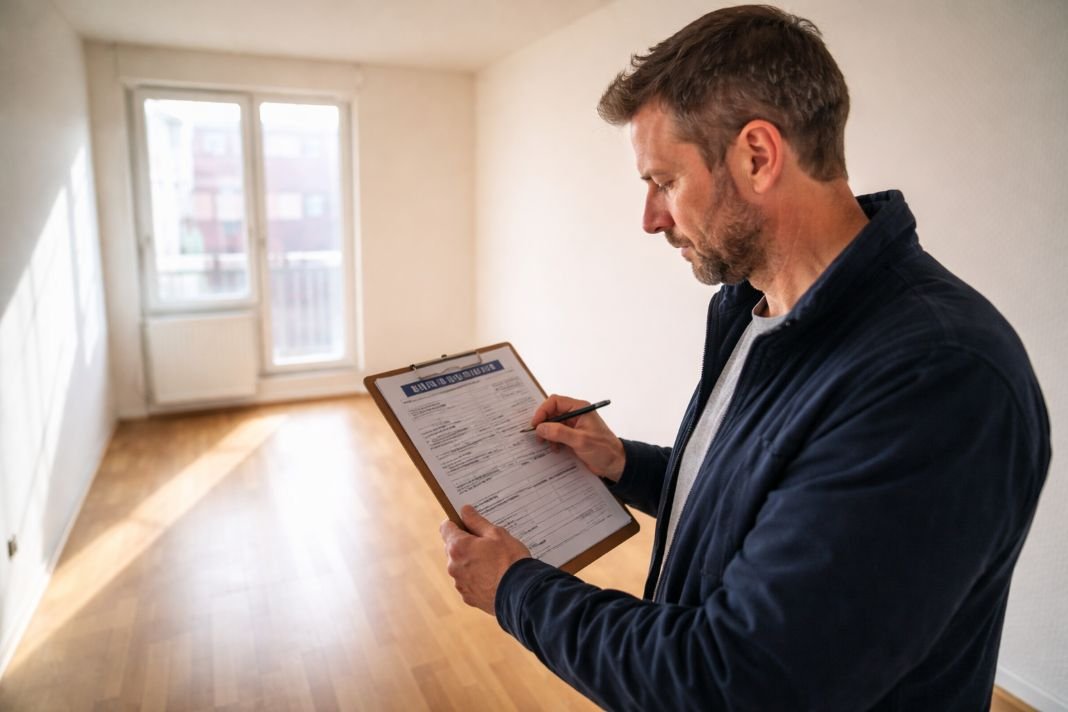 an ai photo of a landlord standing in an unfurnished flat checking expiry dates on a safety certificate