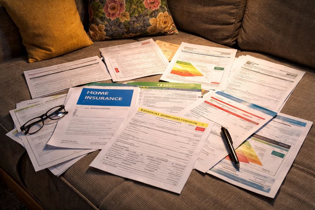 photo of insurance documents and safety certificates spread across a sofa in a London flat,