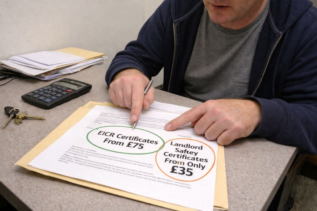 a photo of a landlord seated at a small desk pointing at two different price figures on paperwork,