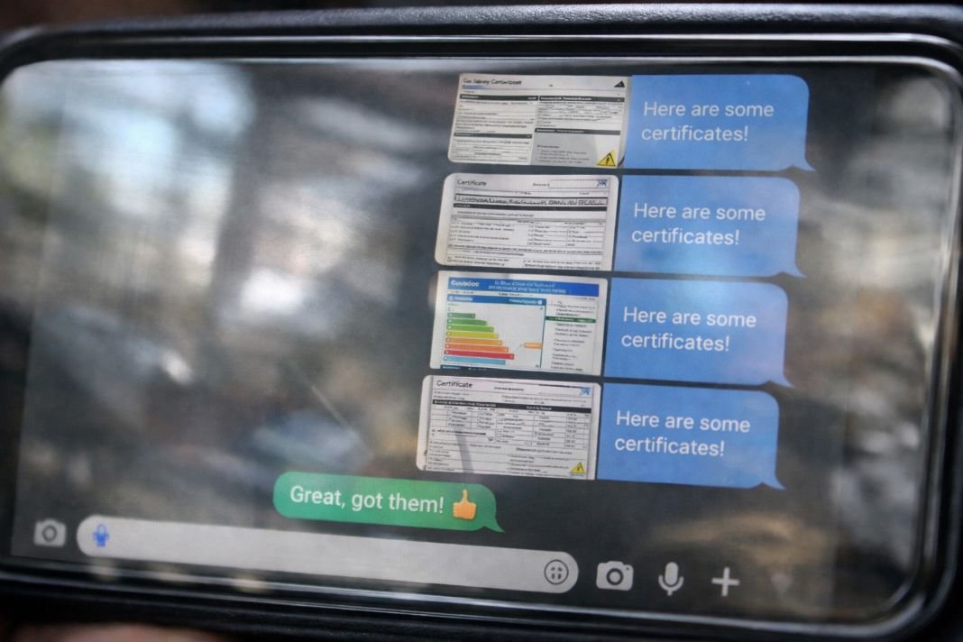 a photo of a phone screen showing a messaging app with property photos being sent, shot in landscape orientation