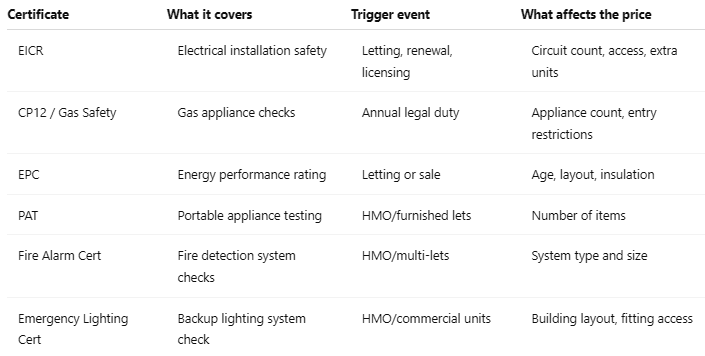 Which “landlord safety certificates” you’re probably trying to price