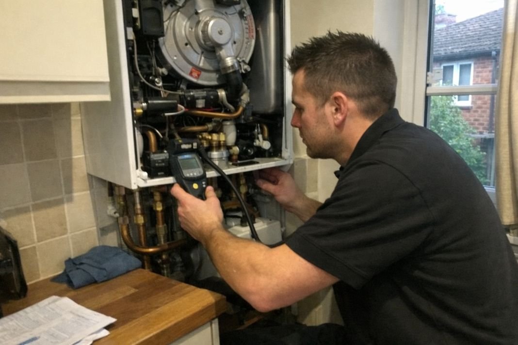 An illustrative image of a Gas Safe engineer having a look at a domestic gas boiler