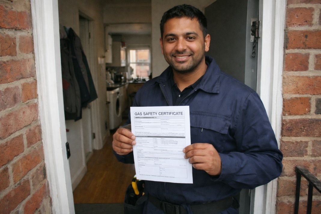 An illustrative image of a Gas Safe engineer holding a gas safety certificate