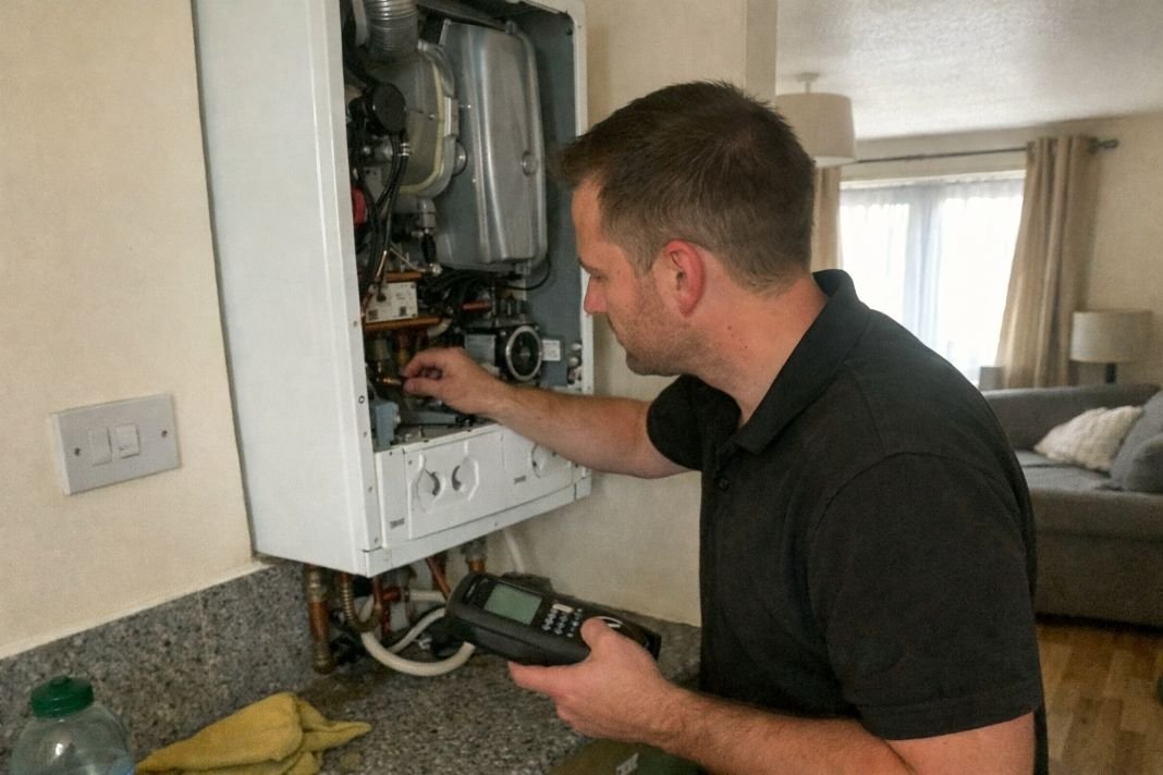 An illustrative image of a gas engineer wearing a black polo t shirt with no hat inspecting a boiler inside a rental flat