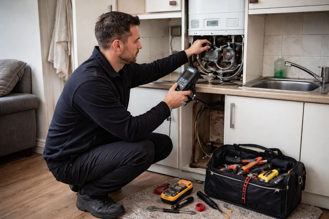 An illustrative image of a gas engineer wearing all black no hat testing a boiler in a small rental flat