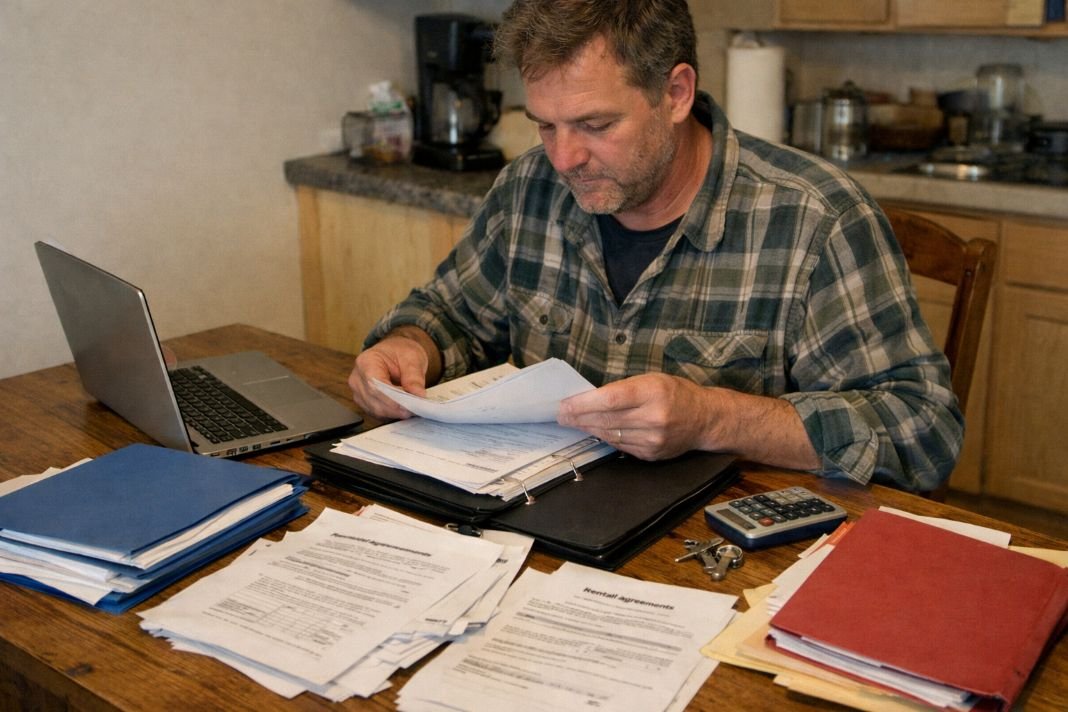 An illustrative image of a landlord organising property documents at a kitchen table with folders and a laptop.