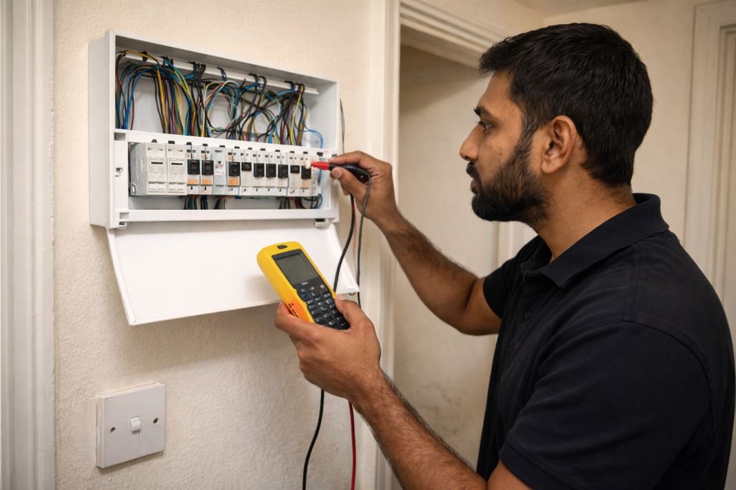 An illustrative image of an electrician checking a consumer unit with the panel open inside a typical UK rental property.