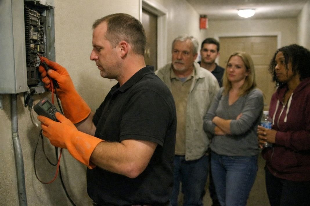 An illustrative image of multiple tenants inside a communal hallway as an electrician performs system checks