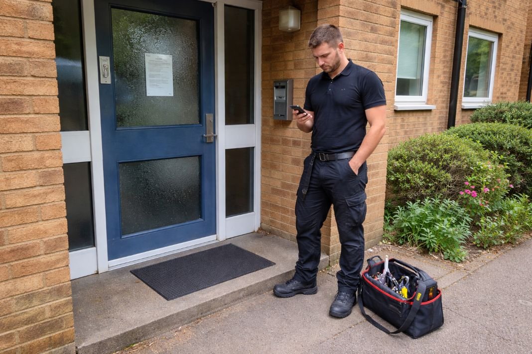An illustrative photo of an engineer standing outside a residential flat with his toolbag