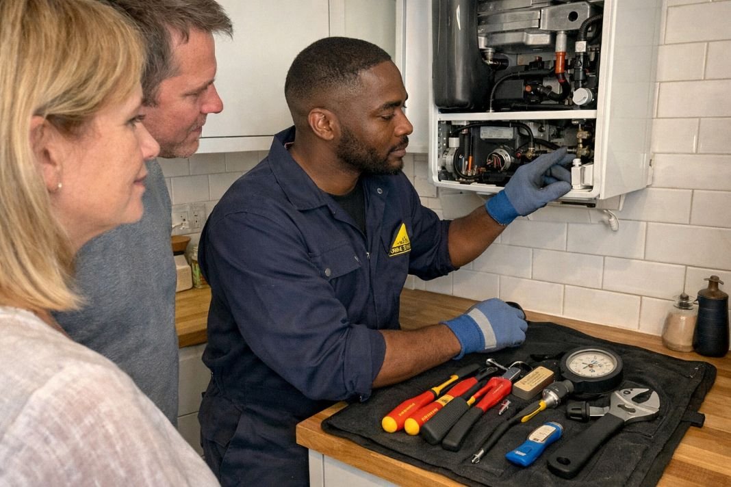 An illustrative image of a Gas Safe registered engineer in navy overalls and protective gloves