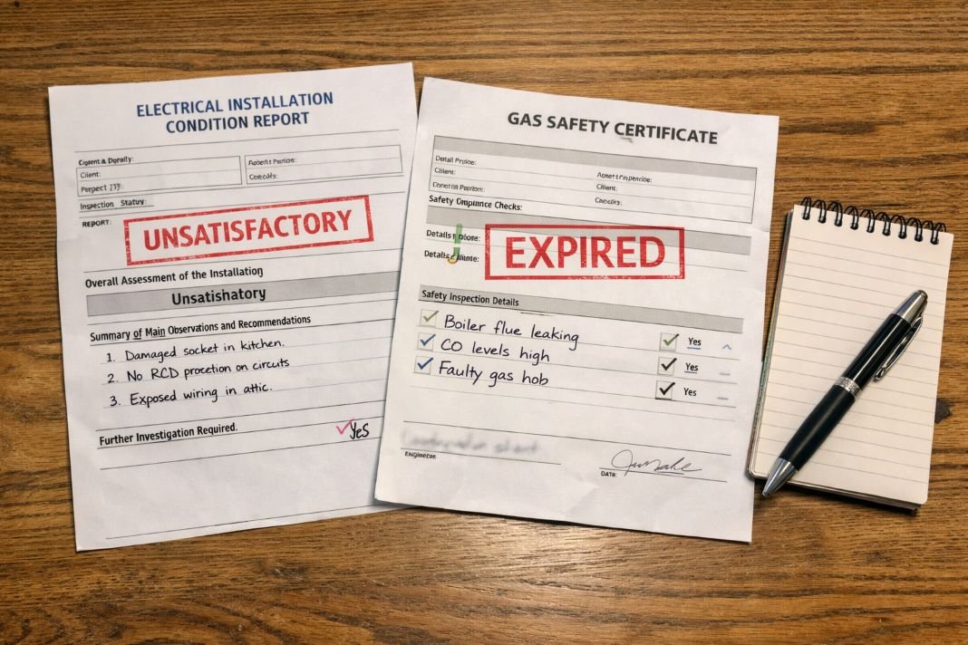 An illustrative image of a close-up of an expired Electrical Installation Condition Report and a Gas Safety Certificate
