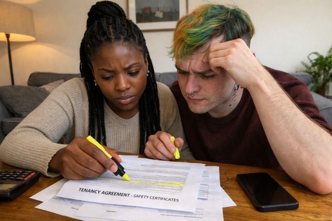 An illustrative image of a couple reviewing tenancy documents together at a living room table