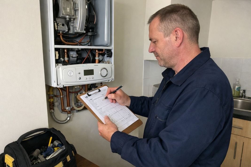 An illustrative image of a gas engineer in a navy uniform no hat checking a boiler in a plain rented flat