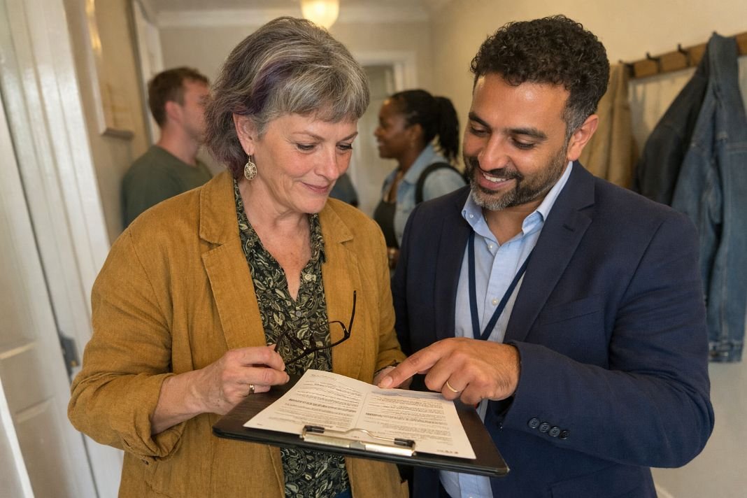 An illustrative image of a landlord and engineer reviewing printed compliance documents