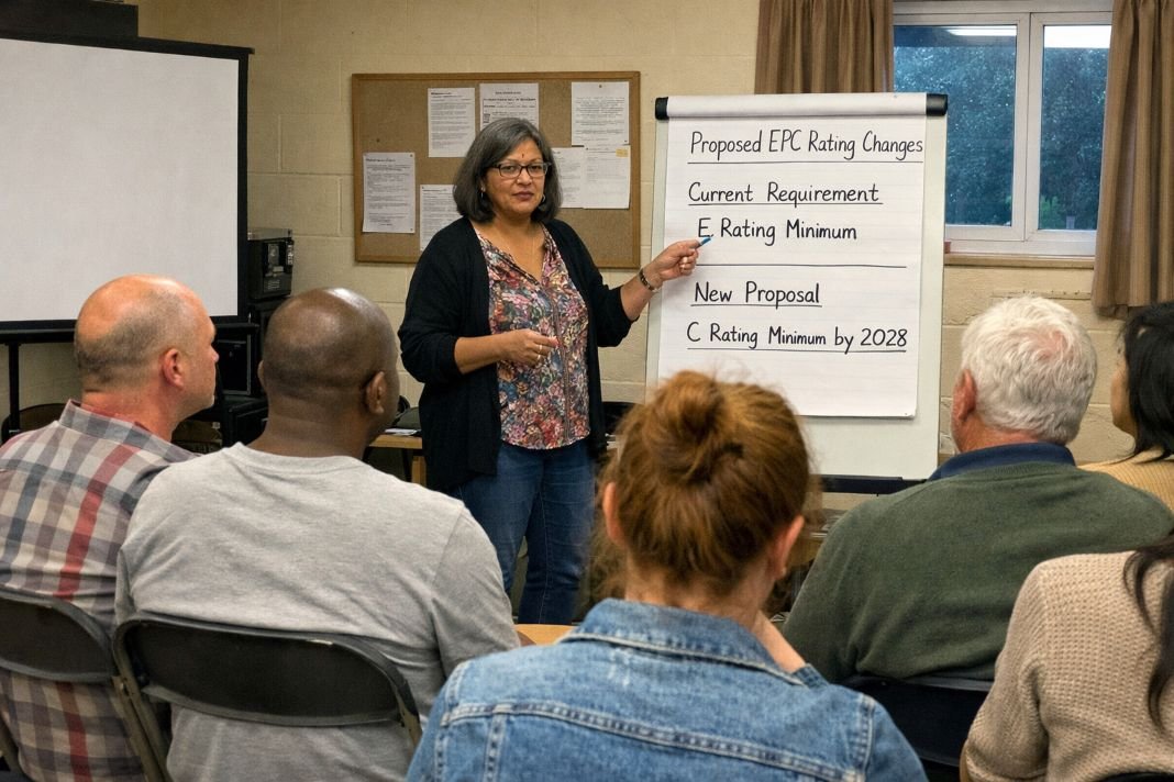 An illustrative image of landlords attending an information seminar in a community hall