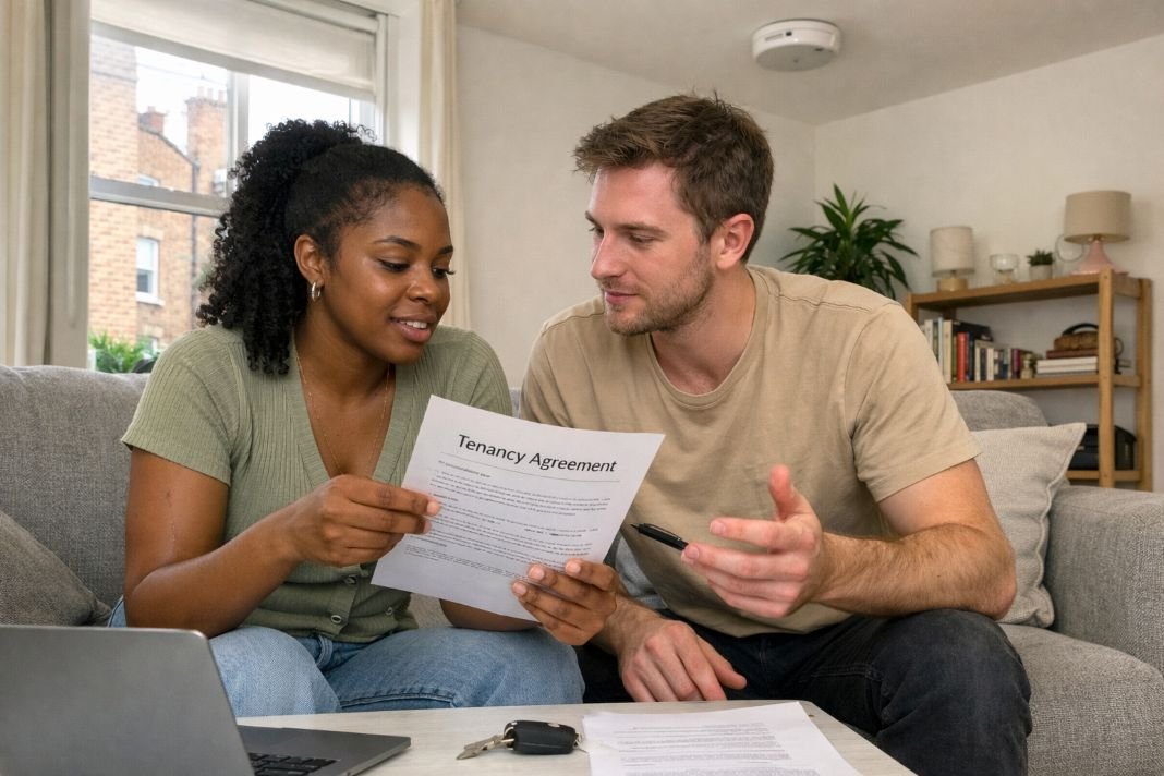 An illustrative image of tenants discussing their tenancy agreement