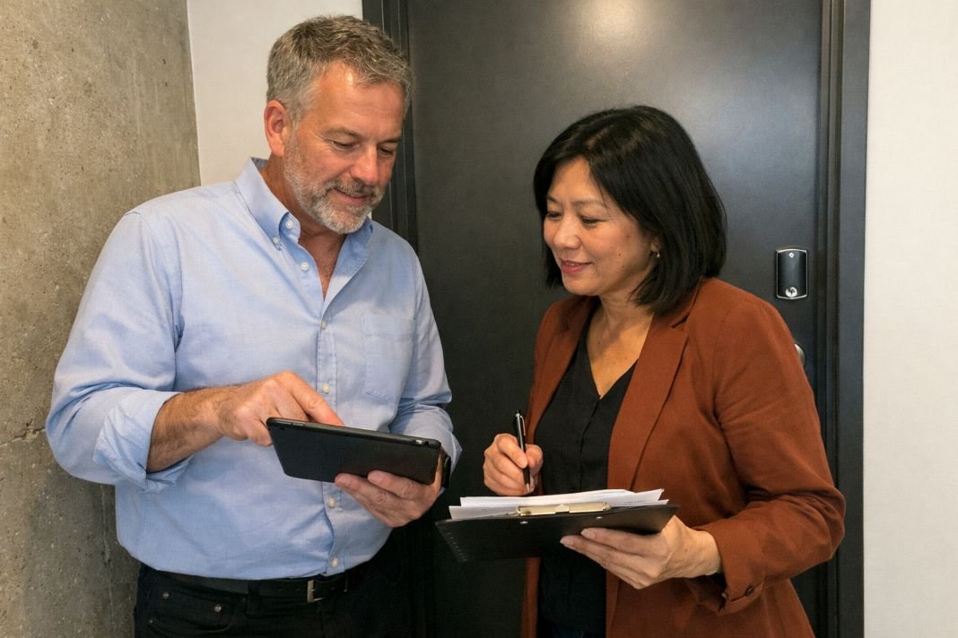 An illustrative image of two accredited assessors in smart casual wear discussing inspection notes