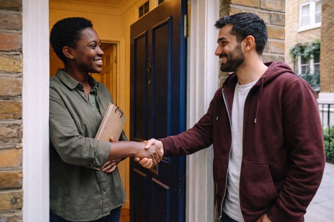 An illustrative image of a landlord and tenant shaking hands at the doorway of a London flat following a successful inspection