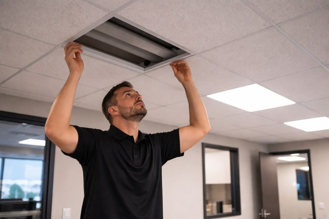 An illustrative image of a maintenance worker inspecting ceiling lighting inside a commercial office suite
