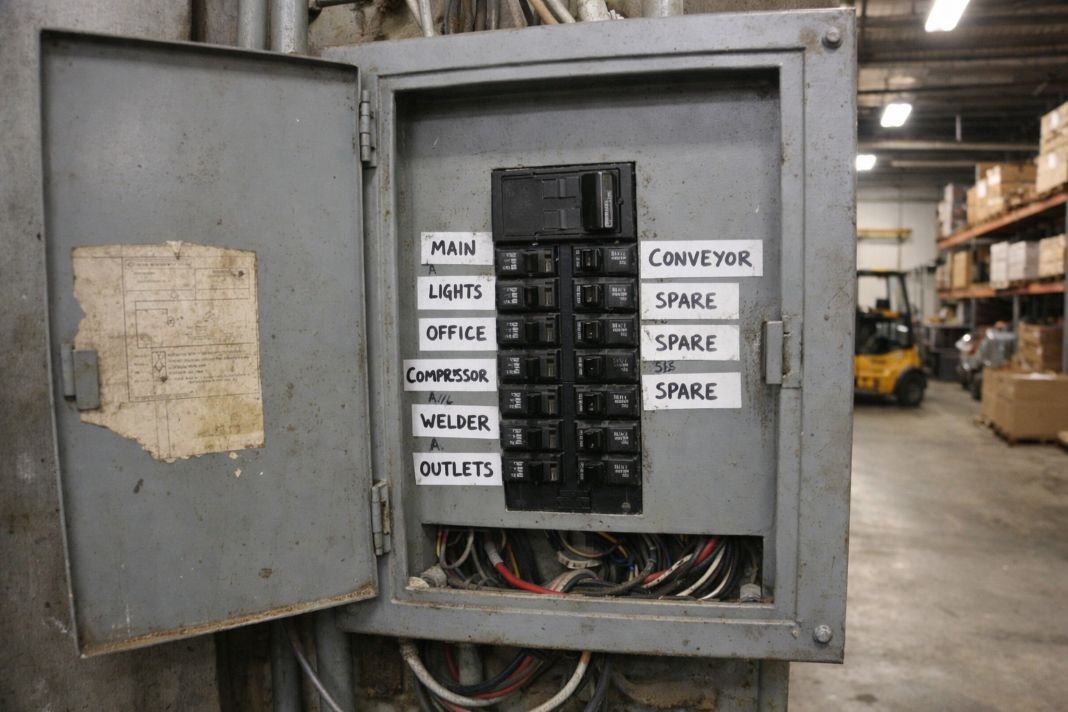 An illustrative image of an electrical panel with open cover showing labelled circuit breakers inside an industrial warehouse
