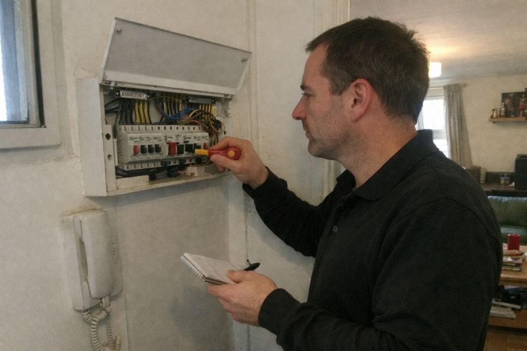 An illustrative image of an electrician inspecting a fuse board inside a London flat