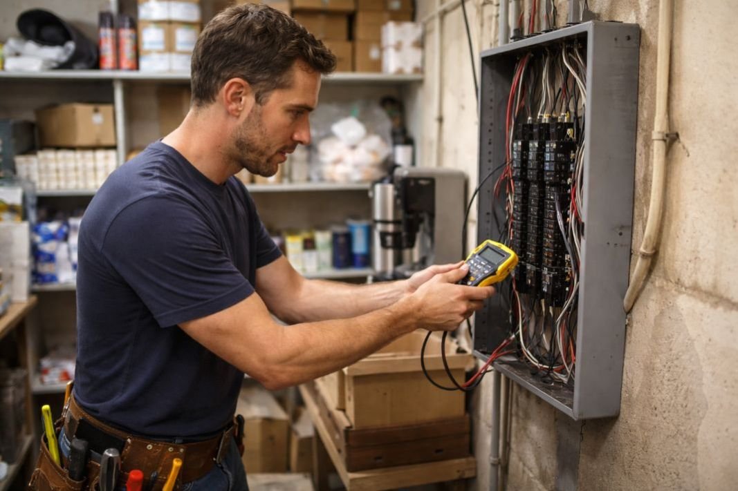 An illustrative image of an electrician performing an inspection in a retail shop using a tester