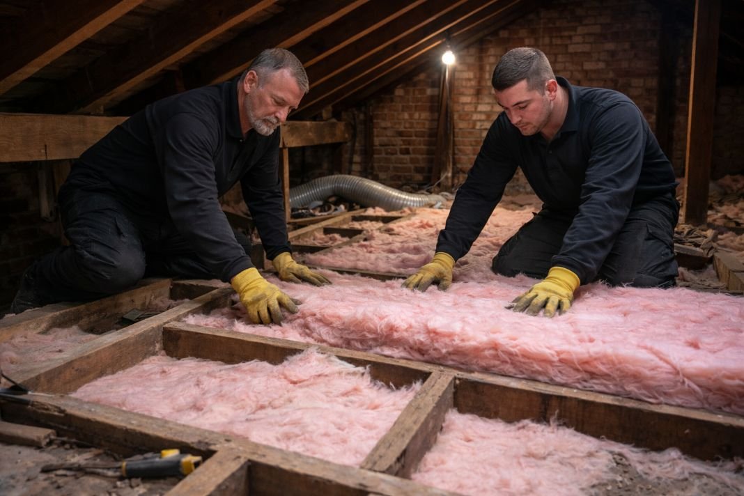 An illustrative image of two contractors upgrading insulation in the attic space