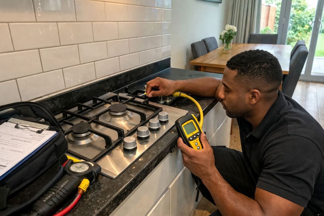 Gas Engineer London performing safety check and gas appliance inspection service for compliance and certification – Illustrative Gas Engineer London performing safety check and gas appliance inspection service for compliance and certification – Illustrative