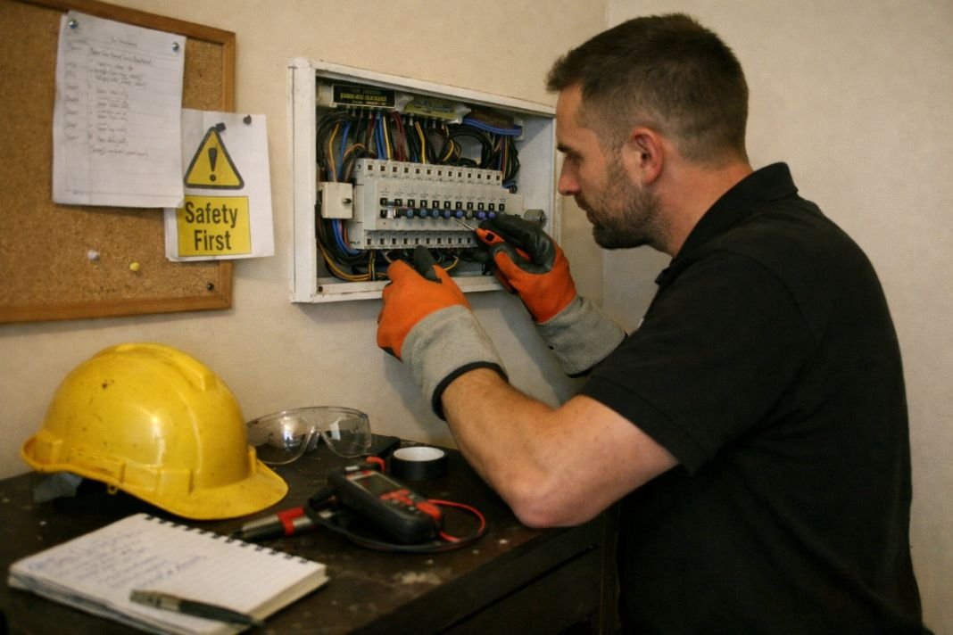 An illustrative image of a electrician inspecting a fuse box in a London flat