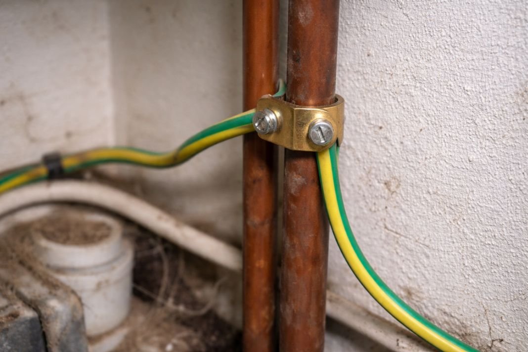 An illustrative image of exposed grounding wire and earthing clamp attached to a copper pipe