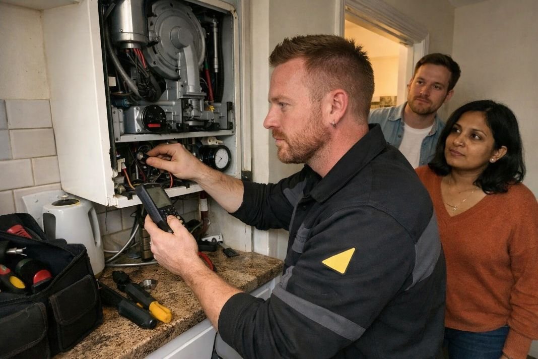 An illustrative image of a Gas Safe engineer in a smart uniform examining a combi boiler in a small London flat