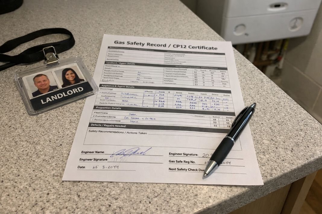 An illustrative image of a Gas Safety Certificate (CP12) on a kitchen countertop