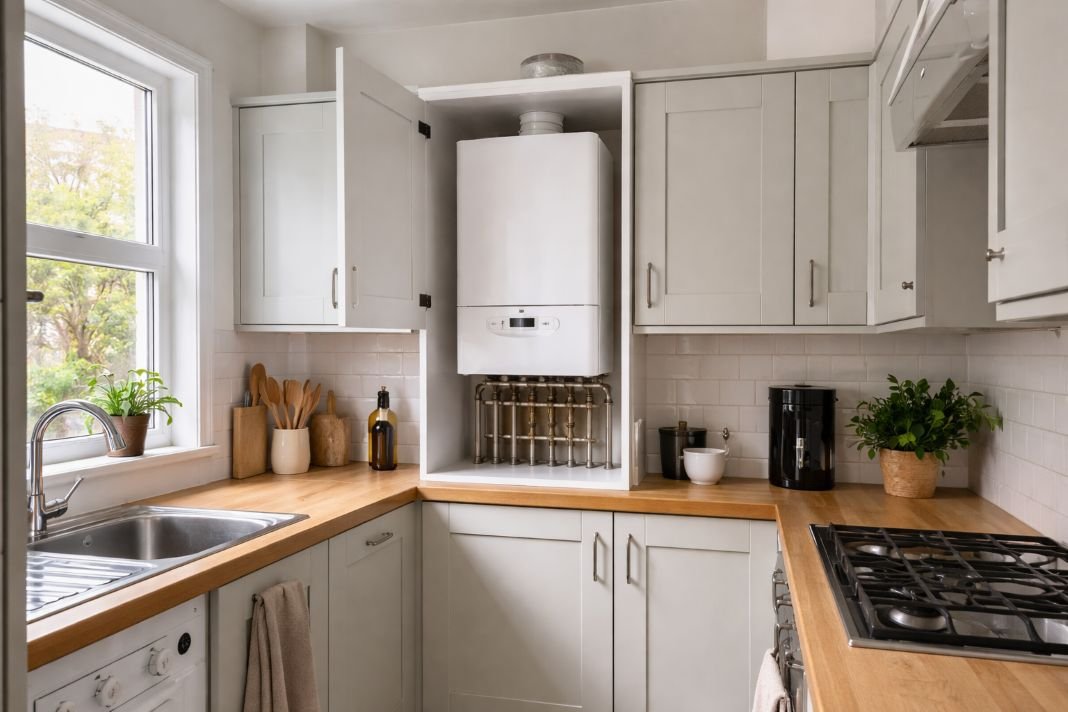 An illustrative image of a London flat kitchen with clear access to a modern boiler