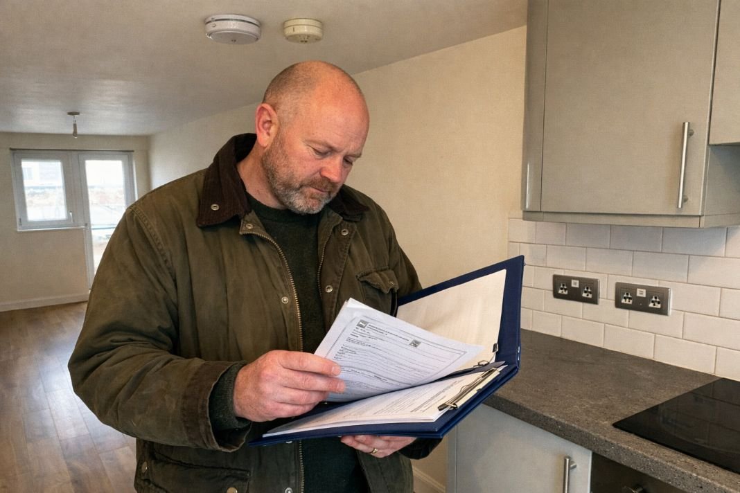 An illustrative image of a London landlord standing in an empty flat, reviewing a folder of certificates