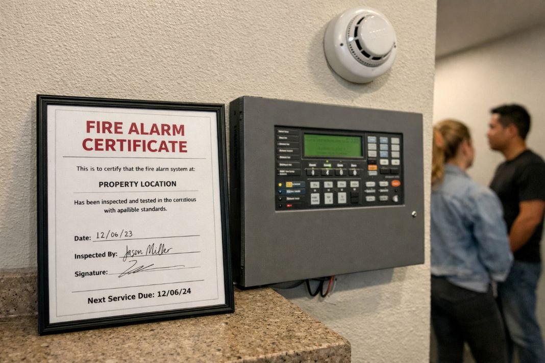 An illustrative image of a fire alarm certificate placed next to a fire alarm control panel