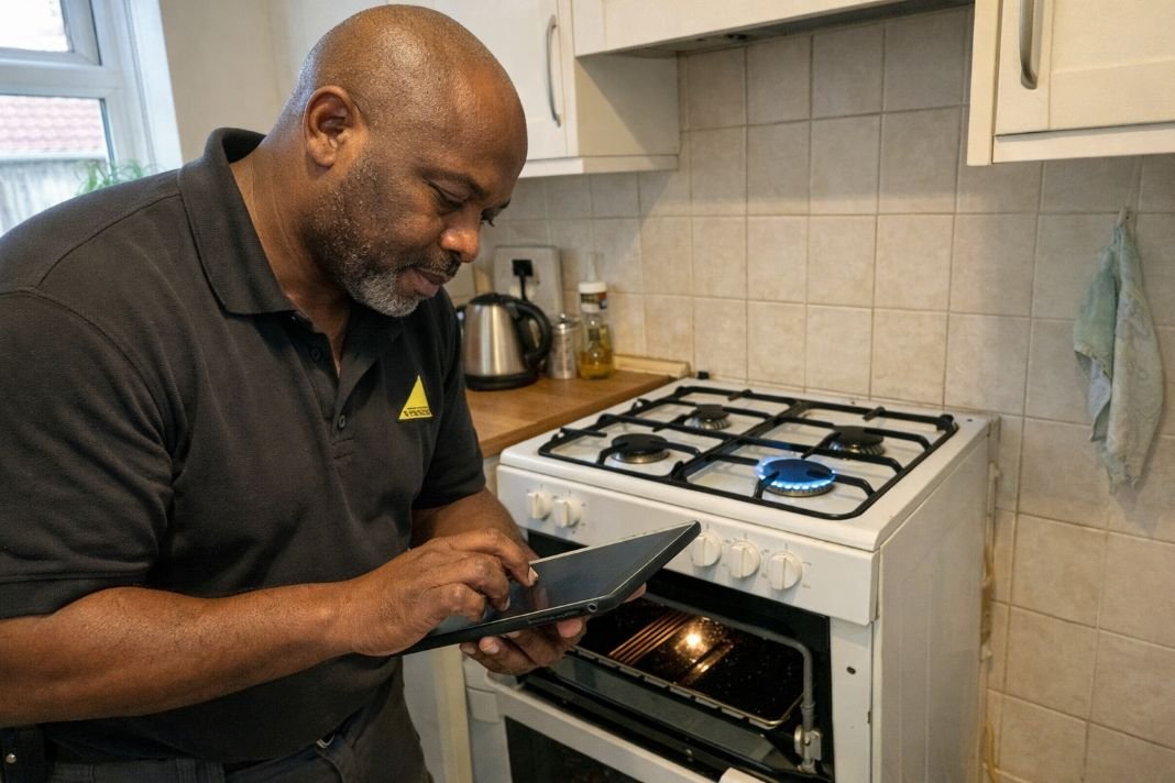 An illustrative image of a gas safe engineer inspecting an accessible gas cooker