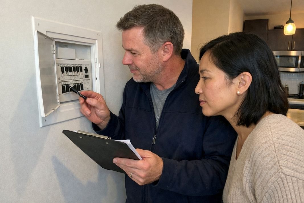 An illustrative image of a landlord holding a clipboard and checking an electrical fuse box in a rental property