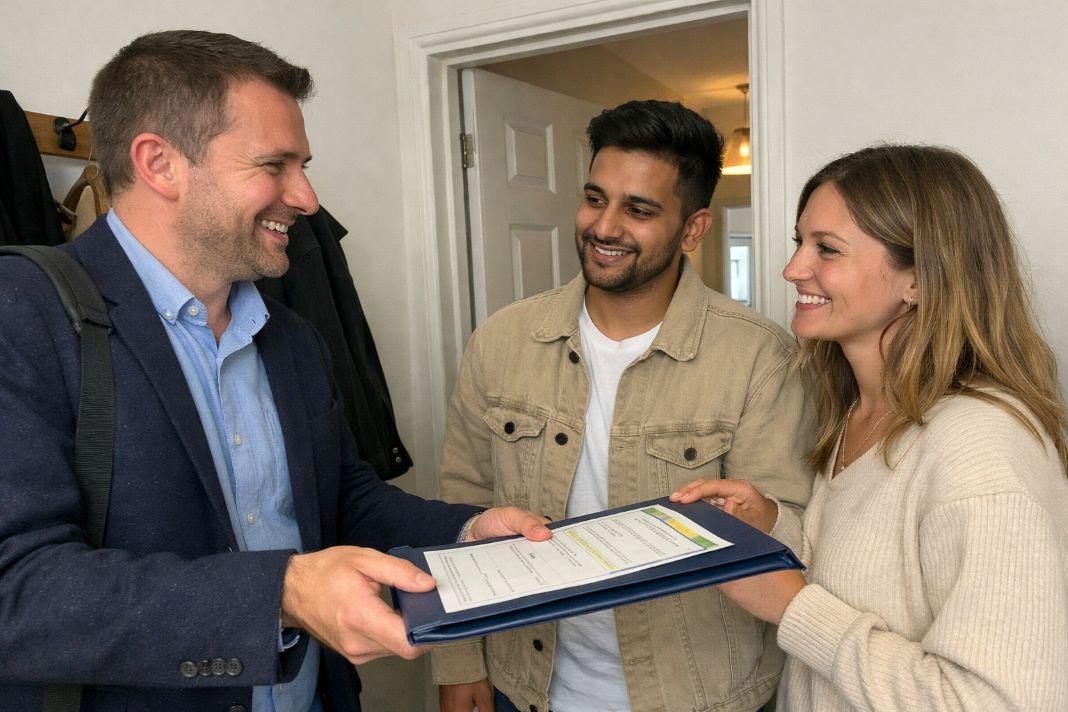 An illustrative image of a letting agent handing over compliance certificates to tenants An illustrative image of a letting agent handing over compliance certificates to tenants
