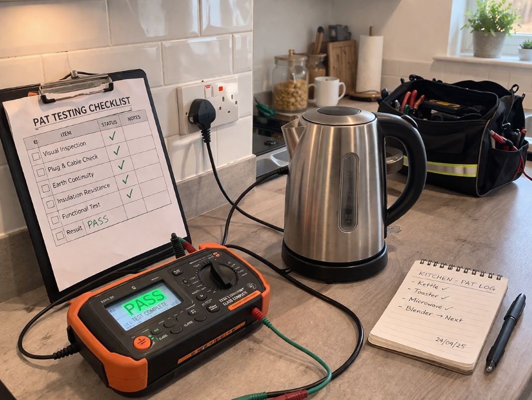 An illustrative image of a professional PAT tester checking a kettle