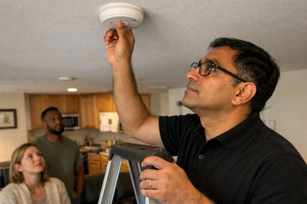An illustrative image of a professional fire safety inspector doing a smoke alarm check