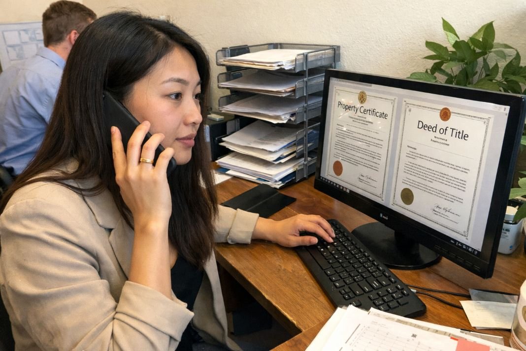 An illustrative image of a property manager viewing digital property certificates