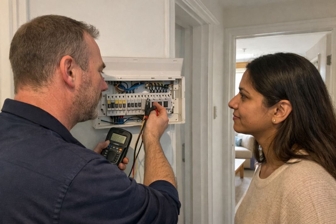 An illustrative image of an electrical contractor performing a safety check on a consumer unit